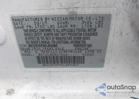 2019 Nissan Versa 1.6 Sv z USA, uszkodzony, nr VIN 3N1CN7AP4KL854369